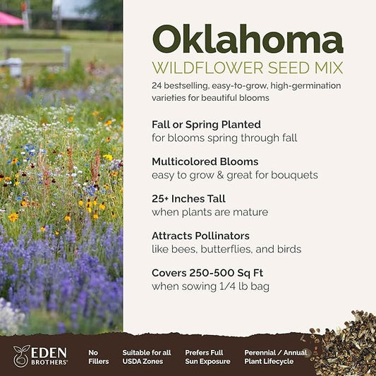 Eden Brothers Oklahoma Wildflower Mixed Seeds for Planting, 1/4 lb, 120,000+ Seeds with Lupine, WallFlower | Attracts Pollinators, Plant in Spring or Fall, Zones