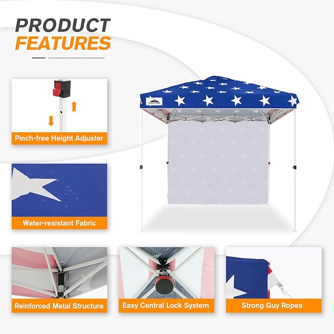 EAGLE PEAK Pop Up Canopy Tent with 1 Sidewall, Easy Setup Event Tent, Outdoor Sun Shade, Wheeled Carry Bag, Stakes and Guy Ropes, Instant Canopy 8x8, American Flag