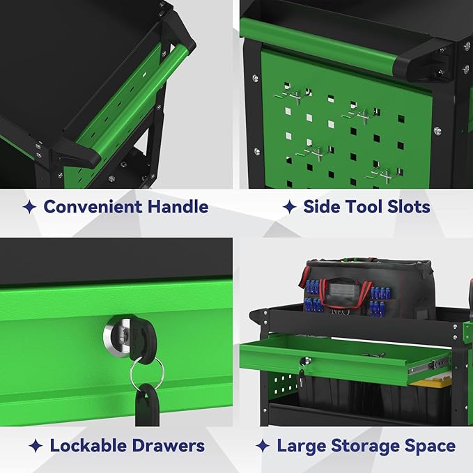 3 Tier Rolling Tool Cart with Drawer, 450 LBS Heavy Duty Utility Cart on Wheels, Service Cart for Garage, Workshop and Warehouse (Black&Green)