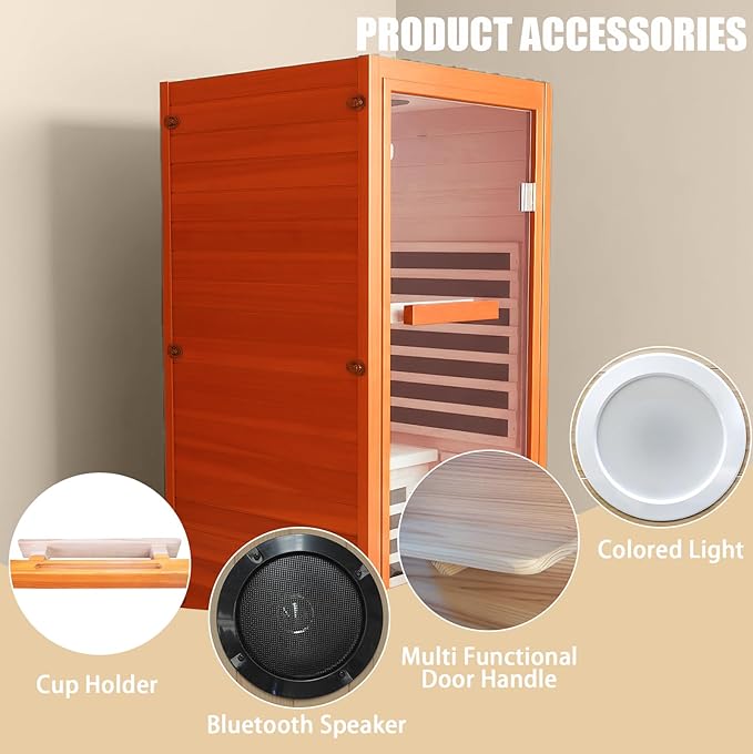 RIGO Home Personal Far-Infrared Sauna Room — 1065W 120V Wooden Dry Sauna Room with Red Light and Bluetooth Music Function, Single-Person Design, Dimensions: 31.5 * 31.5 * 63 inches