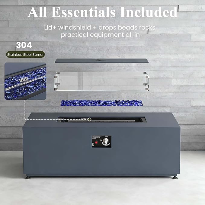LayinSun 42 Inch Outdoor Fire Pit Table for Outside Patio, 55000BTU Rectangle Propane Firepit with Hidden Fuel Tank, Glass Wind Guard, Waterproof Cover and Lid