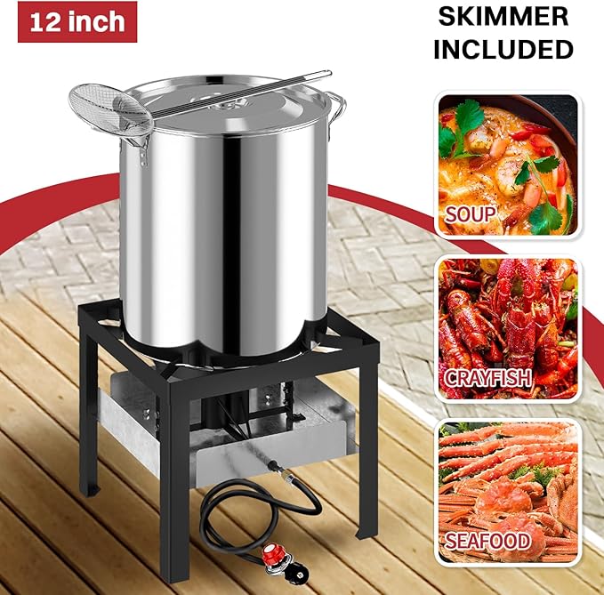 60QT Stainless Steel Crawfish Boiler | Seafood Boiling Kit | Cover & Skimmer Included | 110,000BTU Propane Jet Burner | 0-20 PSI CSA Certified Regulator | Crab Boil Pot for Outdoor Backyard Cooking