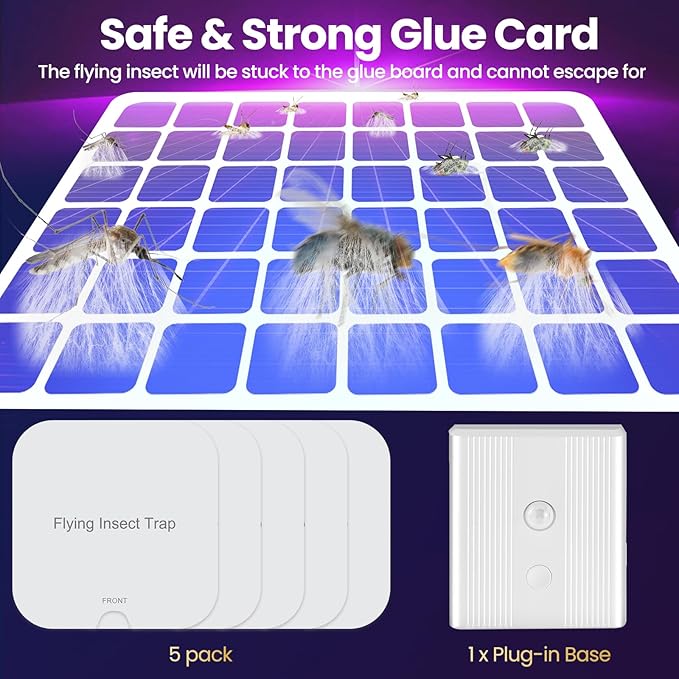 Fly Trap Indoor, 2 in 1 Plug in Fruit Fly Traps for Indoors with Auto Night Light Gnat Traps for House Indoor Flying Insect Trap for Fruit Flies Moths Mosquito (1 Device + 5 Glue Cards)
