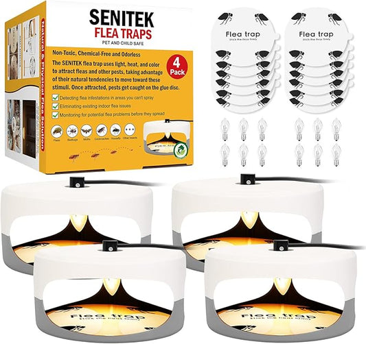 4 Pack Flea Traps for Inside Your Home, Original Indoor Flea Light Bed Bug Killer w/ 12 Sticky Pads & 12 Light Bulb Refills Replacement, Odorless Insect Infestation Treatment Trap Lamp for Kid Pet