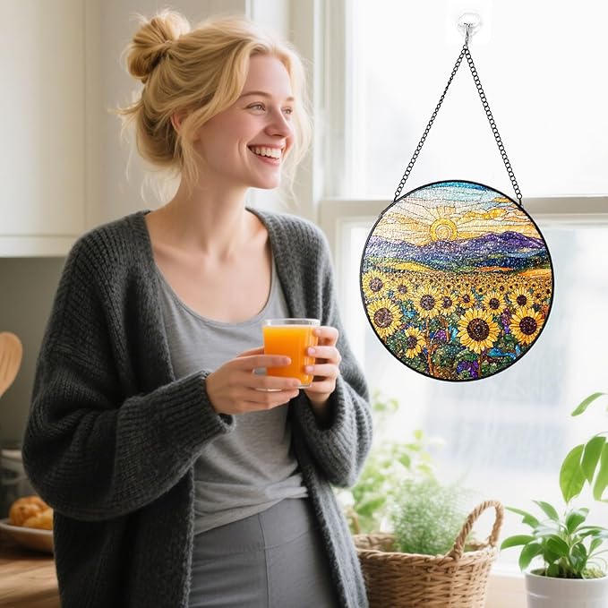 Stained Glass Window Hanging, Sunflowers Mountain Sun Stained Glass Suncatchers Indoor Windows Glass Panel Garden Hanging Decor Birthday for Women 6.3 in