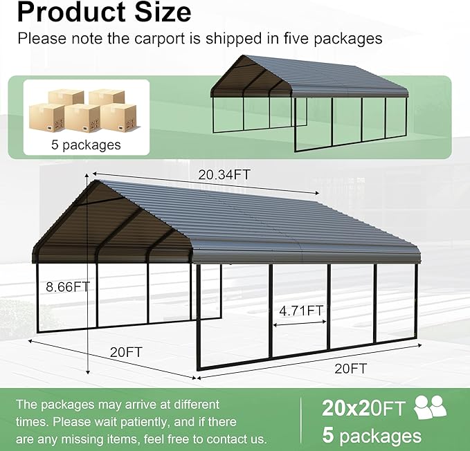 RV Metal 20x20FT Carport Canopy Heavy Duty Carports Kits for Garage,Aluminum Car Ports with Steel Shelter Frame Cover for 2 Car or Boats
