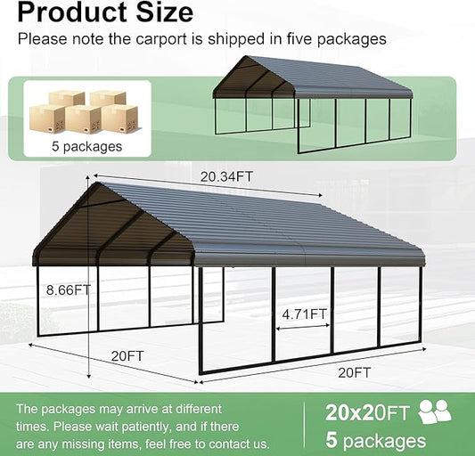 20x20 FT Carport Canopy Heavy Duty RV Metal Carports Kits for Garage,Aluminum Car Ports with Steel Shelter Frame Cover for 2 Car or Boats