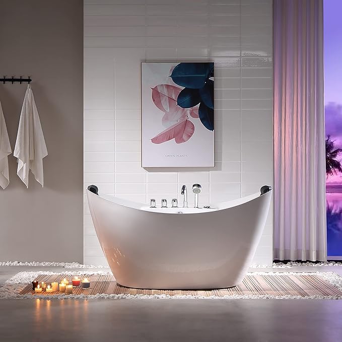 Empava Whirlpool Bathtub, 67-Inch Freestanding Bathtub Oval with 8 Hydromassage Adjustable Water Jets Luxury Acrylic Massage SPA Soaking Bath Tub in Double Ended, White