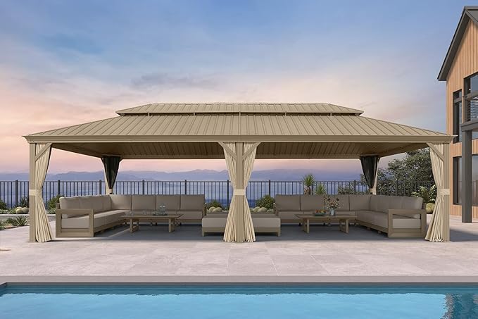 PURPLE LEAF Outdoor Gazebo 14'X28'，Champagne Hardtop Gazebo with Galvanized Steel Double Roof, Permanent Patio Gazebo with Curtains and Netting for Patio Lawn Garden and Deck