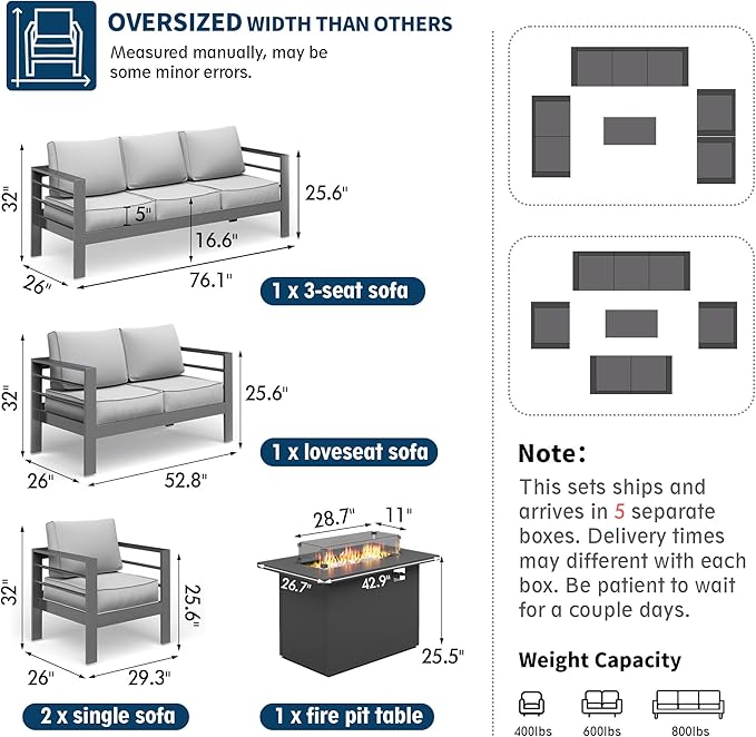 UDPATIO 6 Piece Aluminum Patio Furniture Set with Aluminum Fire Pit Table,Mordern Outdoor Furniture Set with Water-Proof Cover Included, Grey