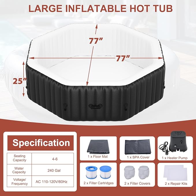 LILYPELLE 4-6 Person Inflatable Hot Tub, Large Octagonal Portable Hot Tub with 130 Bubble Jets, Outdoor Spa Bathtub Set Included Heater Pump, Filter and Insulated Cover, 77" X 77" X 25"