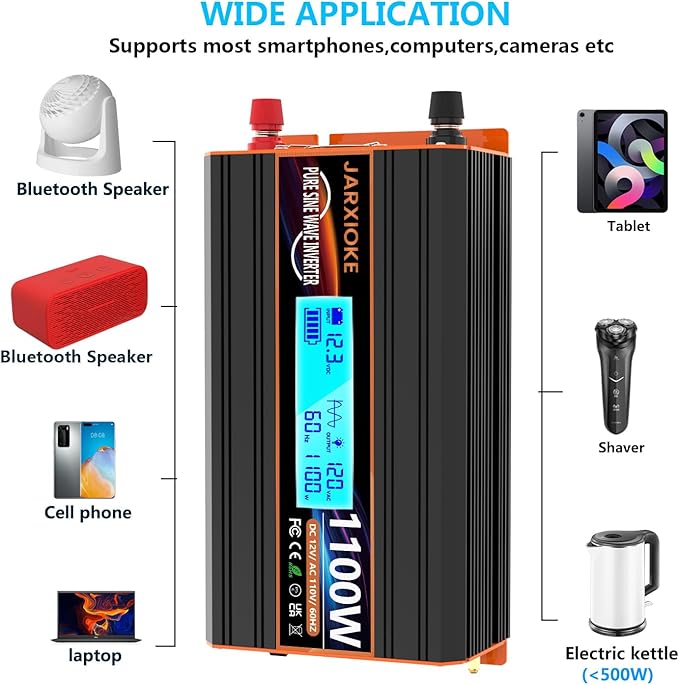 1100 Watt Pure Sine Wave Power Inverter 12V DC to 110V 120V Converter for Family RV Off Grid Solar System Car with Type-C Ports 2 AC Power Outlets Dual USB Ports LCD Display Wireless Remote Control