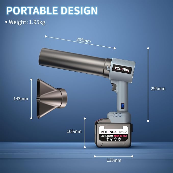 KOLENDA Handheld Cordless Lightweight Powerful Car Dryer Air Blower with 1800G & 335MPH Powerful, Air Duster Electric Leaf Blower Cleaning Dryer Turbo for Patio Cleaning, Lawn Care and Car Drying