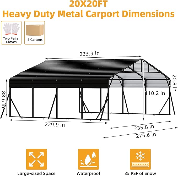 20 x 20 FT Metal Carport with Galvanized Steel Roof, Heavy Duty Metal Roof Carport with Enhanced Base, Tall MetalCarport Kits Garage for Tractors, Trucks, Boats, Cars