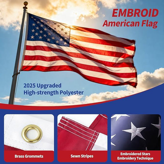 EMBROID American Flag 3x5,USA US Flag Heavy Duty Outdoor,Embroidered Stars,Tear Resistant,Sewn Stripes,Brass Grommets,Upgraded High-strength Polyester Fabric.