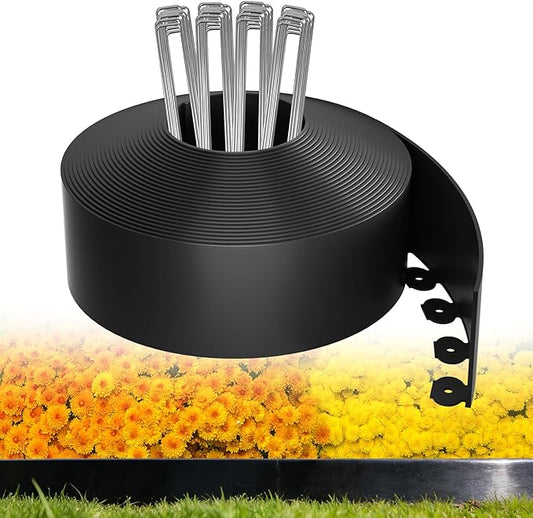 4in Tall,33ft Landscape Edging Kit with 50pcs Metal Spikes, Reinforced Rib Design,No-Dig Flexible Plastic Edge Border for Landscape, Lawn,Garden,Flower Beds,Yard,Paver,Playground, Fence,Pathway,Black