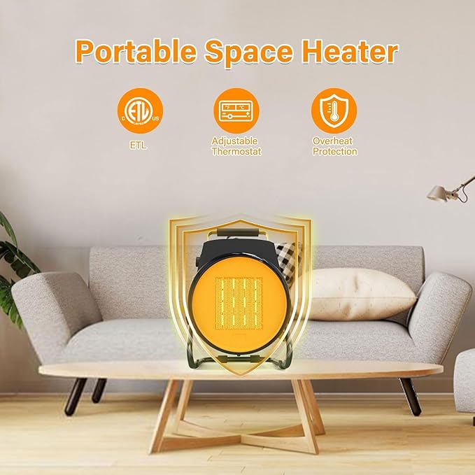 Outdoor Heater for Patio, Portable Space Electric Heater for indoor use, Super Long Cord, Overheat Protection, Small Fan for Greenhouse, Garage, Office, Outside, Tent, Room