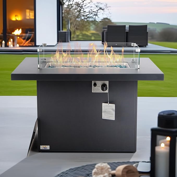 NICESOUL 43'' Aluminum Fire Pit Table, 60,000 BTU Propane/Natural Gas Outdoor Firepit with Wind Guard & Glass Rocks, All-Weather Rectangular Fireplace for Outside Patio CSA-Certified, Ember Black