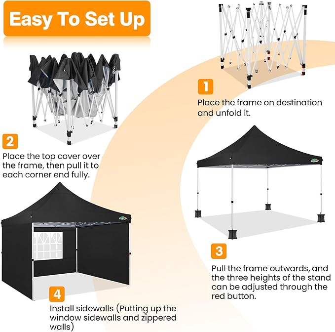 COBIZI 10x10 Pop Up Canopy with 3 Sidewalls, Canopy Tent 10x10 for Parties, Backyard, Commercial, Waterproof and Portable Instant Shelter UV50+ Ez Outdoor Canopy Gazebo with 4 Sandbags(Black)