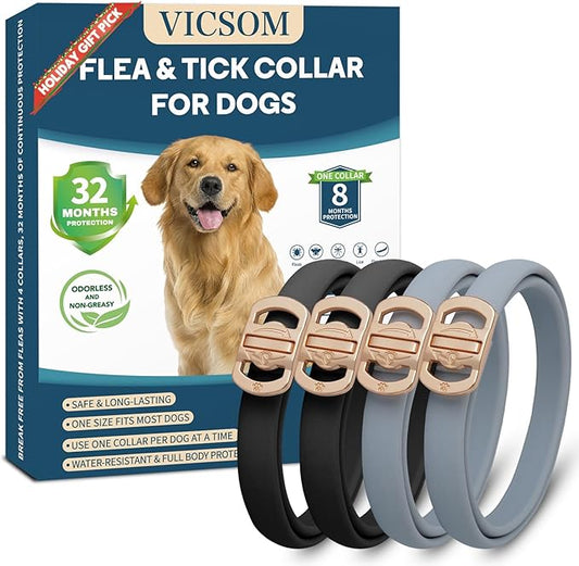 Flea and Tick Collar for Dogs 4 Pack, 32 Months Prevention, Waterproof, Adjustable for Small Medium Large Dogs Puppies (Black and Grey)