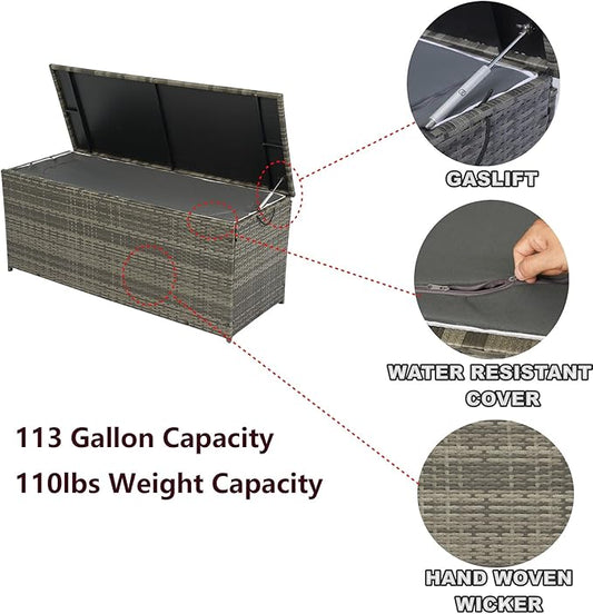 CHUNLY 113 Gallon Outdoor Waterproof Large Wicker Deck Box with Lids Indoor Storage Bench Storage Cabinet for Patio Furniture Cushions, Packages, Pillows and Garden Tools, Gray