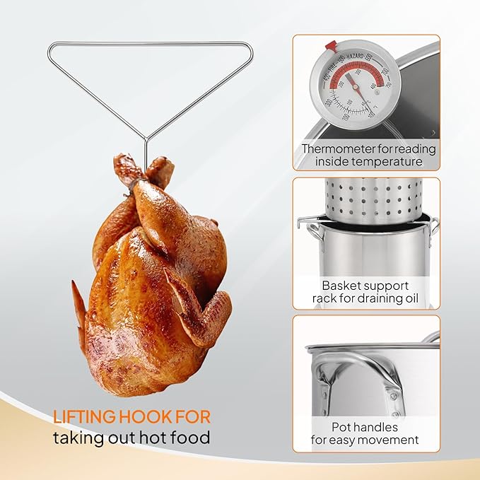 ROVSUN 50QT Turkey Fryer with 54,000BTU Propane Stove, Stainless Steel Outdoor Deep Fryer & Seafood Boiler Steamer with Basket, Thermometer, Lifting Hook & Support Rack for Outdoor Backyard Cooking