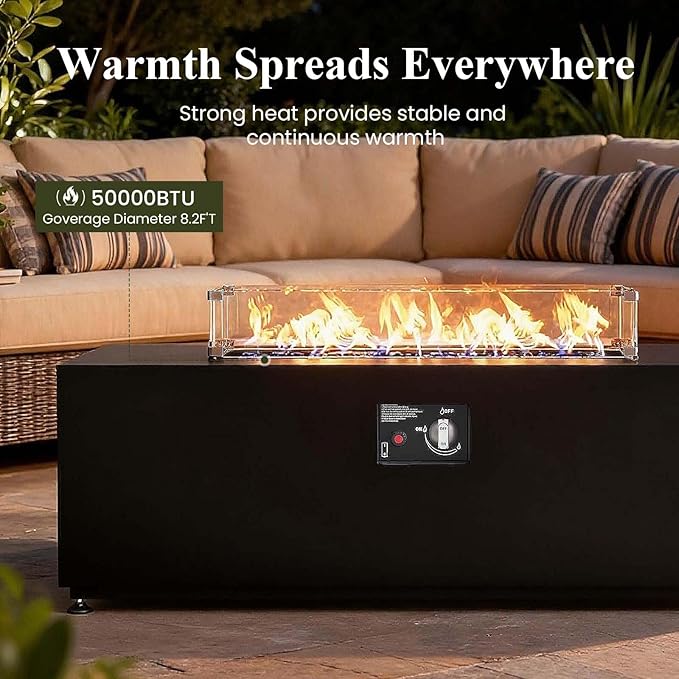 LayinSun 42 Inch Outdoor Fire Pit Table for Outside Patio, 55000BTU Rectangle Propane Firepit with Hidden Fuel Tank, Glass Wind Guard, Waterproof Cover and Lid