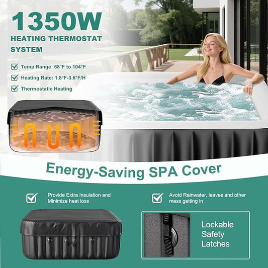 DoCred 2-4 Person Inflatable Hot Tub, 60" X 60" X 25" Square Portable Hot Tub with 120 Bubble Jets, Large Outdoor Spa Blow Up Bathtub Set with Heater Pump, Insulated Cover and Filter