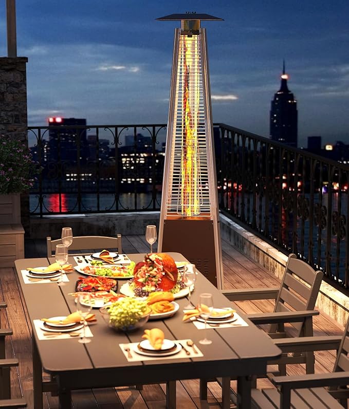 48,000 BTU Pyramid Patio Heater, Outdoor Propane Patio Heater with Detachable Wheels and Protective Cover, Triple Safety Protection Propane Heaters for Terrace, Garden, Poolside, Bronze