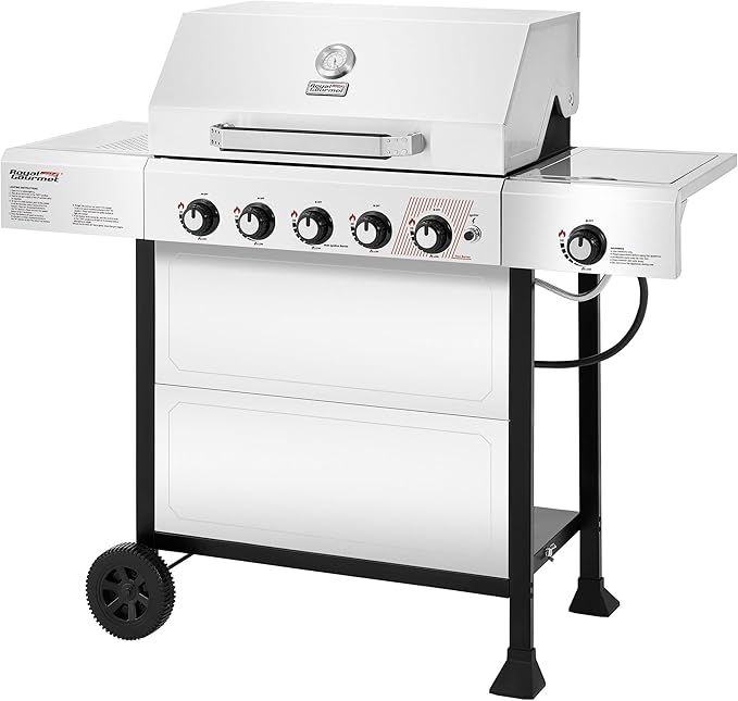 Royal Gourmet GA5401T 5 Burner Propane Gas Grill with Side Burner and Sear Burner, Stainless Steel Gas BBQ Grill with 61,000 BTUs Output for Barbecue Grilling & Backyard Cooking, Silver