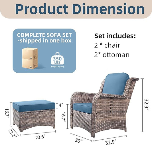4 Pcs High Back Wicker Patio Chairs Set with Ottoman, Outdoor Porch Chair with Thick Cushion for Balcony Deck Yard and Porch, Peacock Blue