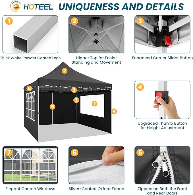 HOTEEL Canopy Tent 10x10 Pop Up Canopy with 4 Removable Sidewalls, Sandbags, Stakes & Ropes, UPF 50+ Easy Setup Event Shelter Waterproof Outdoor Instant Portable Gazebo for Party, Vendor, Black