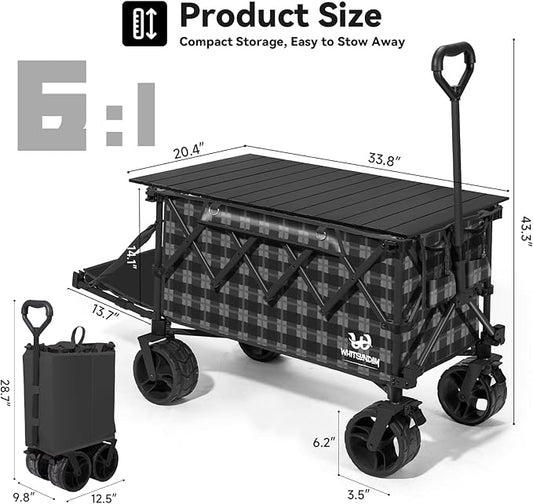 Whitsunday Collapsible Folding Wagon with Table, Heavy Duty Utility Beach Wagons with All-Terrain Wheels for Camping,Garden,Sports Black