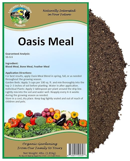 Oasis Meal 4 pounds Organic Nitrogen Fertilizer | Natural Blend of Feather, Bone & Blood Meal Mix for Vegetables, Trees, Shrubs & Gardens - Lancaster Agriculture Products
