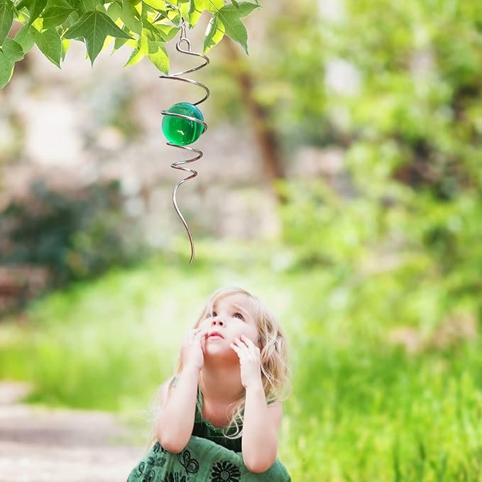 Aoedelyart Wind Spinner Tail Gazing Ball Spiral Decorative Wind Spinner Sun Catcher 11inch Tail and 2 inch Glass Orb. Indoor Outdoor Garden Decoration Wind Sculptures-13 inch Height (Green)