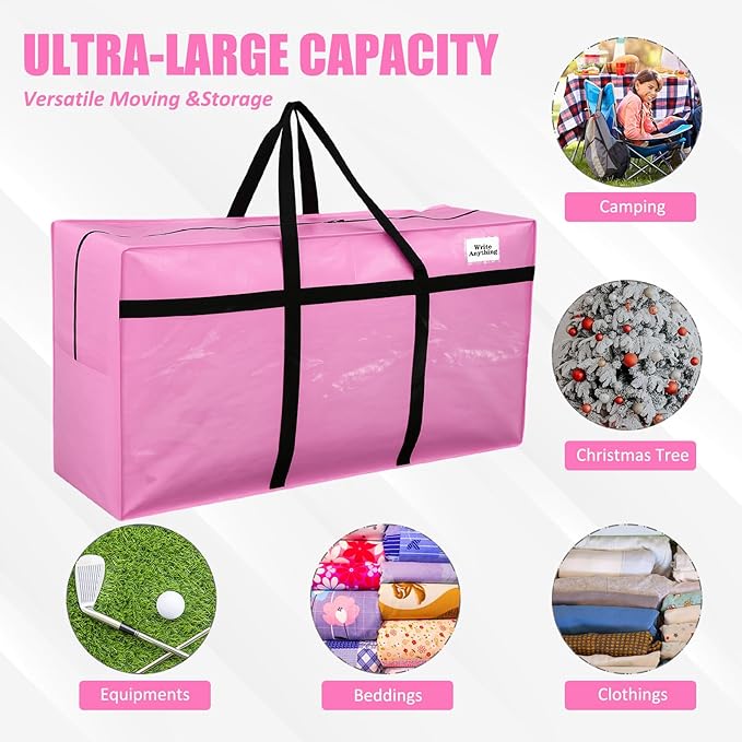 Windyun 4 Pack 69 Gallon Extra Large Storage Bags XXL Moving Bags with Zipper Handles Heavy Duty Jumbo Big Tote Box for Christmas Tree Storage 4, 5, 7.5, 9, 10, 12 ft Skeleton College Dorm(Pink)