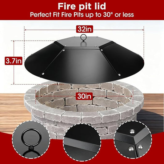 32 inch Fire Pit Lid Round,Metal Fire Pit Lid with Handle & Poker Fits for Fire Pits up to 30",Outdoor Firepit Lids Heavy Duty for Firepit Replacement Kit Accessory-Black