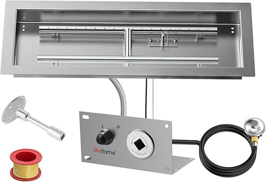 Skyflame 24 x 8 Inch Rectangular Fire Pit Pan Kit, Stainless Steel Drop-in Fire Pit Pan and Burner, Come with Spark Ignition and Propane Hose, Indoor/Outdoor Fire Table DIY Decorative