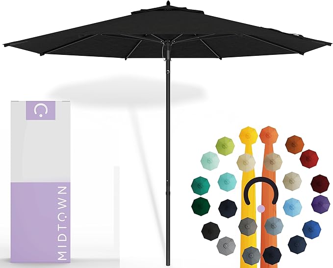 Midtown Umbrellas Push Pop Sunbrella Umbrella 10 Feet Large Outdoor Umbrella With Spectrum Carbon Fabric - Deck Patio Umbrella, Backyard Umbrella, Garden Umbrella & Pool Umbrella - Black Pole