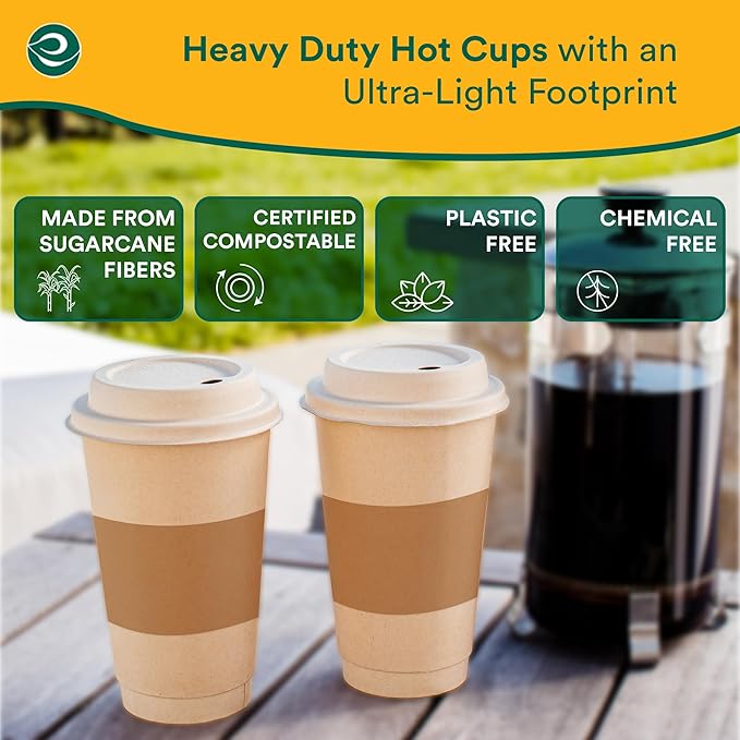 ECO SOUL 100% Compostable Coffee Cups With Lids & Sleeves - To Go Coffee Disposable Bagasse Cups |Sturdy & Eco-Friendly Cups for Cafes, Party, Office (100, 16 Oz)