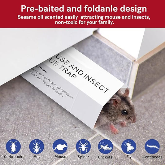 Mouse & Bugs Roach Spider Insect Traps, 38 Pack Glue Traps for Mice Ant Snake Rats, Sticky Pest Control Adhesive Tray for Catching, Sesame Oil Scent Non Toxic Pre-Baited Glue Boards Indoor Home