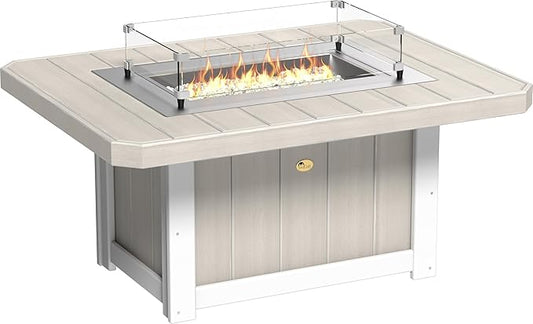 LuxCraft 51" Lumin Rectangular Gas Propane Fire Pit Table for Outdoor Patio with Tempered Glass Wind Guard and Stainless Steel Burner Cover - Amish Made in USA (Birch & White)