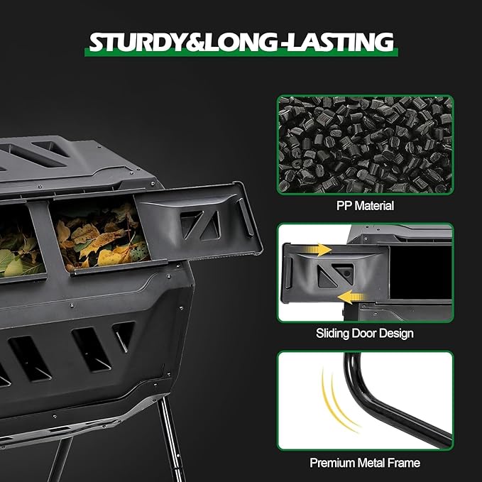 Saturnpower Large Composting Tumbler Dual Chamber Outdoor Garden Rotating Compost Bin Tumbling Composter with Sliding Door (43 Gallon, Black)