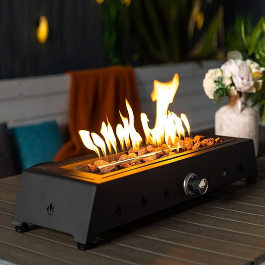 GDFStudio 28" Propane Fire Pit, 50000 BTU Outdoor Gas Fire Pit with Glass Wind Guard & Lava Rocks, Rectangular Steel Fire Table for Patio Balcony Backyard Garden, Black