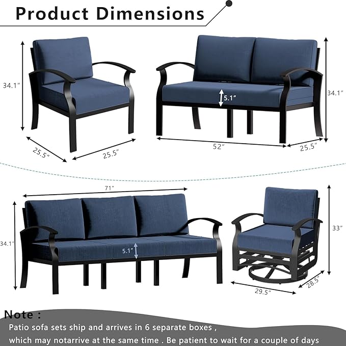 Aluminum Patio Furniture Set with Fire Pit Table, 9 Seats Outdoor Patio Conversation Set with Swivel Chair Modern Metal Patio Sectional Sofa with Upgrade Cushions for Patio, Backyard (Navy)