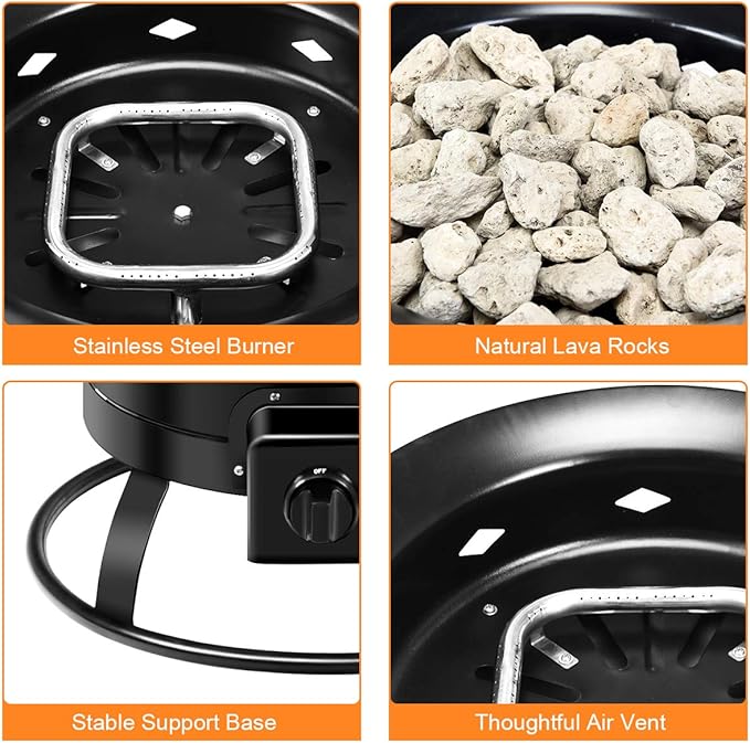 Giantex Portable Propane Fire Pit, 19" Outdoor Firepit, 58,000BTU Fire Bowl w/Cover & Carry Kit,Lava Rock Stone & Tank Stabilizer Ring, Gas Fire Pit for Outside Camping,Patio, Backyard, Black