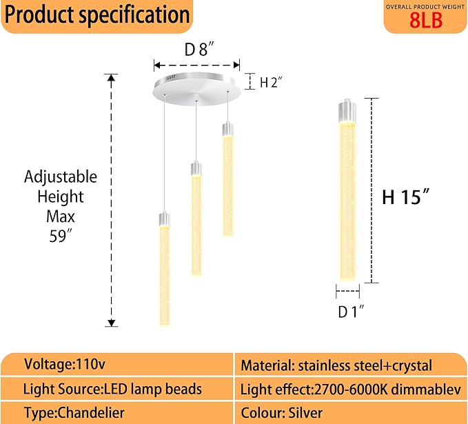 Modern Led Crystal Column Chandelier 3-Light Silver LED Pendant Light for Kitchen Island Foyer Entryway Dimmable Hanging Pendant Lighting 2700K-6000K
