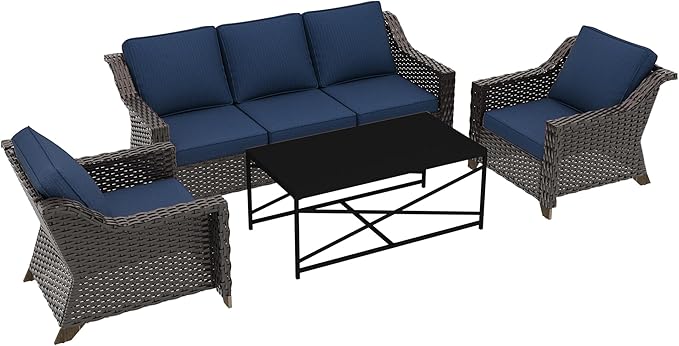 4 Pieces Outdoor Conversation Furniture Set - 77" Patio Sofa, 2 Wicker Armchairs, 1 Metal Coffee Table, Patio Wicker Furniture Set with Water-Resistant Cushions for Sunroom (Navy Blue)