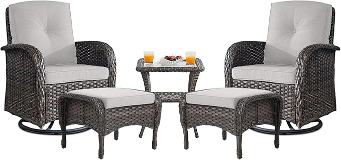 Belord Small Conversation Sets Patio Funiture - 5 Piece Outdoor Swivel Rocker Wicker Furniture Sets with Ottomans Side Table Perfect for Patio Deck Backyard, Brown Wicker Beige Cushion