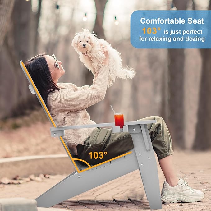 MXIMU Modern Adirondack Chairs Set of 8 Weather Resistant with Cup Holder Oversize Plastic Fire Pit Chairs Plastic Outdoor Chairs for Firepit Area Seating (Grey)
